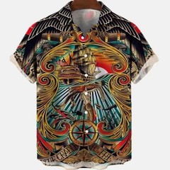 Mens Button Down Brown Teal Tribal Fish Mai-Tai Hawaiian Top Summer Shirt