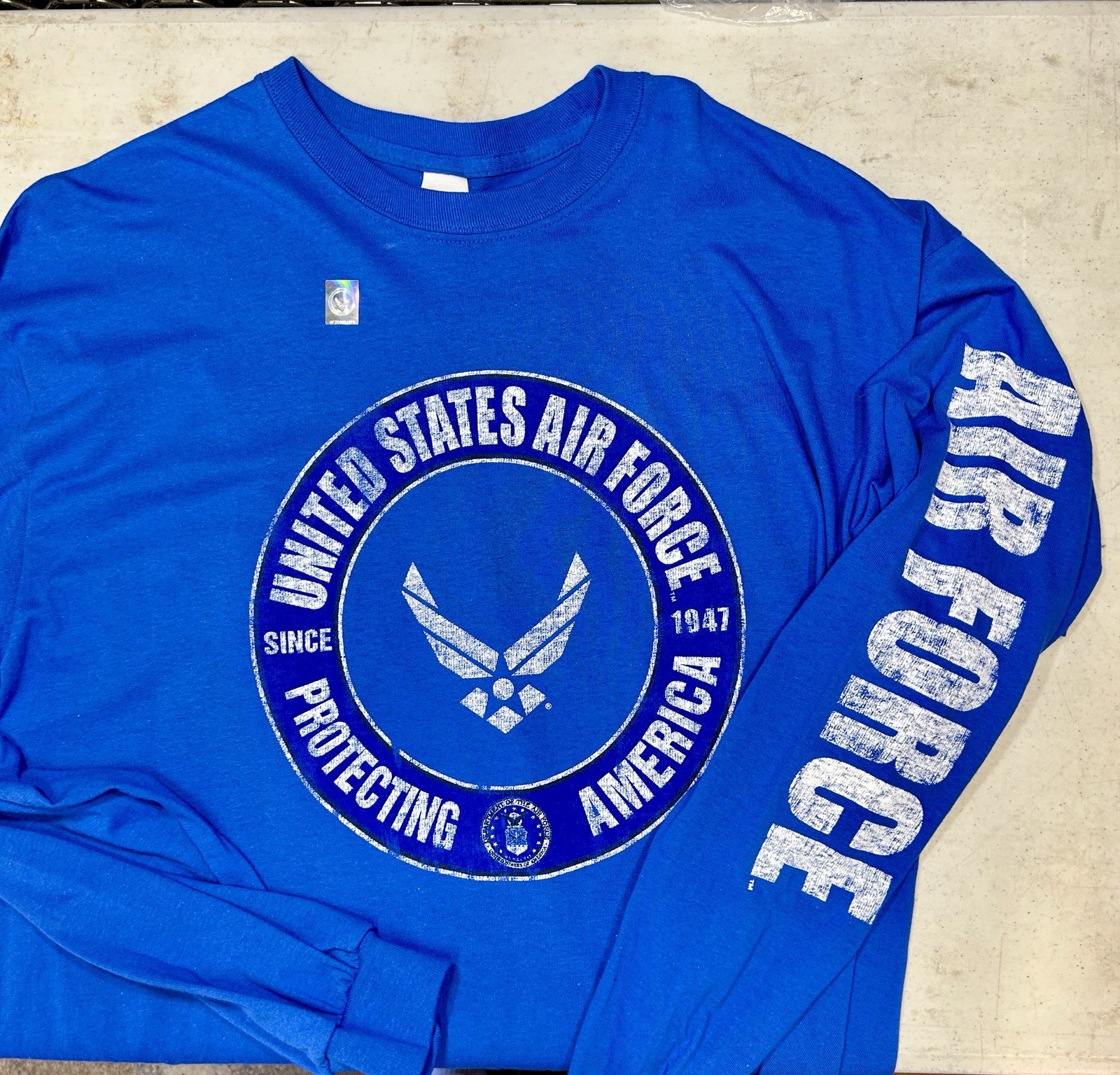 US Air Force Long Sleeve Blue T-Shirt Protecting America USAF Vet Sleeve Print gallery