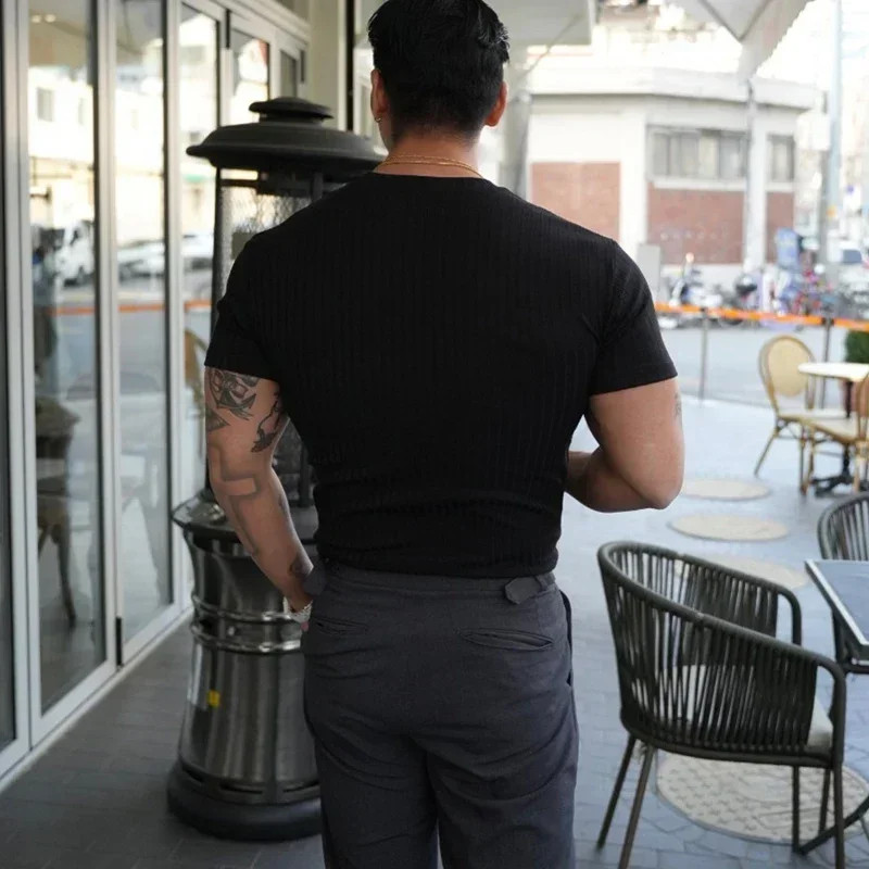 2025Summer Fashion Solid Color Ribbed Slim T Shirts Men Streetwear Classic Simpl gallery
