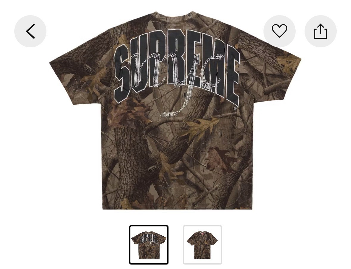 Supreme Rhinestone Script S/S Top Realtree Hardwoods Camo T-Shirt Size L gallery