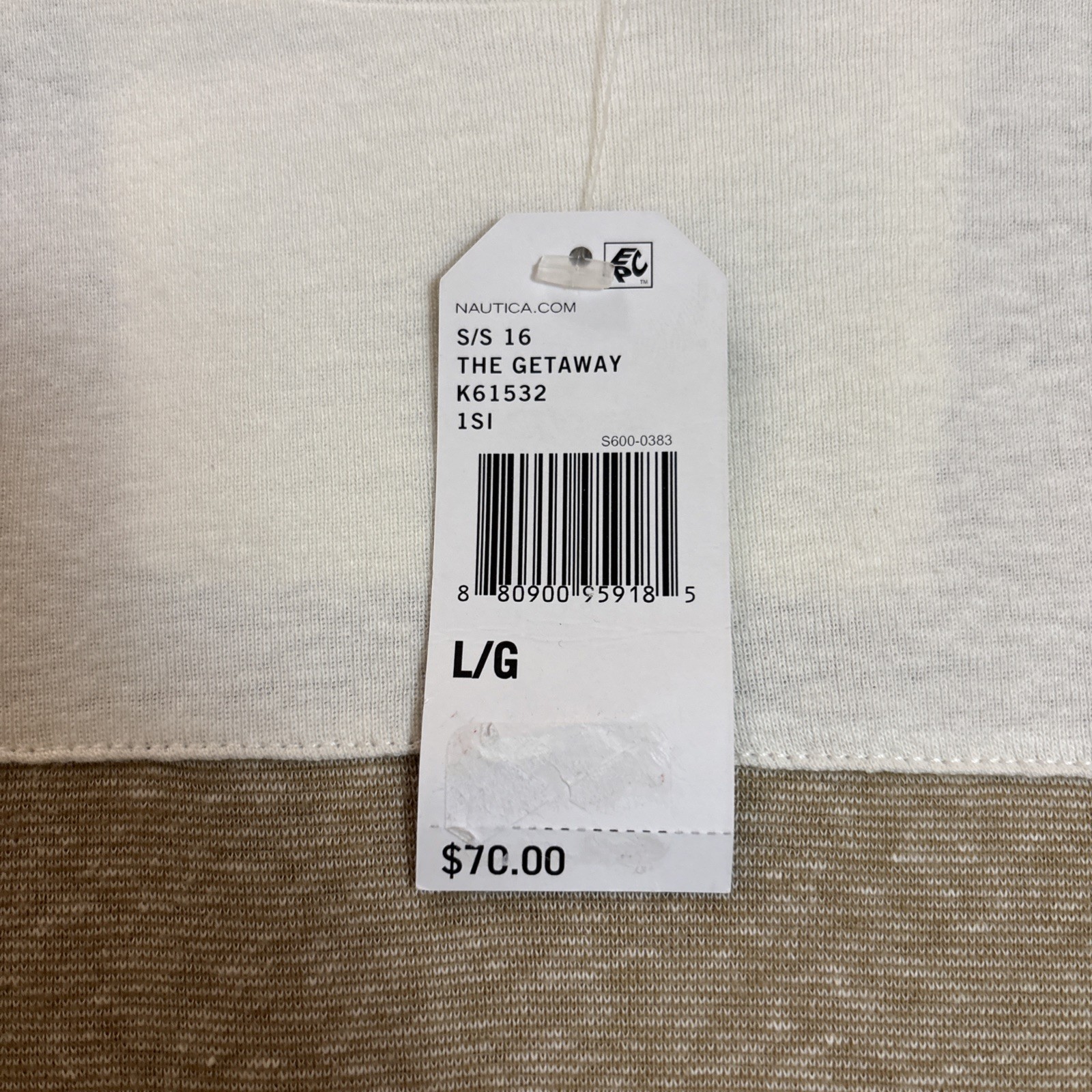 NWT Nautica Mens L Cream/Tan Color Block Short Sleeve Cotton/Linen Blend T-Shirt gallery