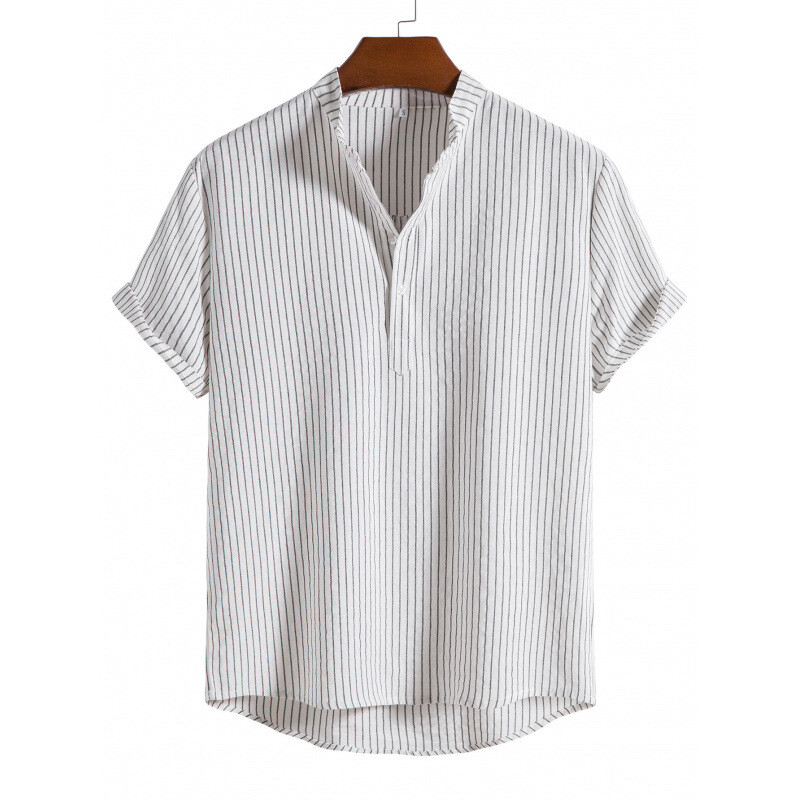 Summer Mens Loose Casual Shirt Cotton and Linen Stand Collar Short Sleeve Shirt gallery