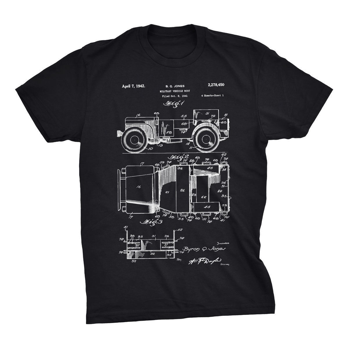 Jeep Patent T-Shirt. Jeep Shirt 100% Soft Cotton Tee on Black, White or Gray