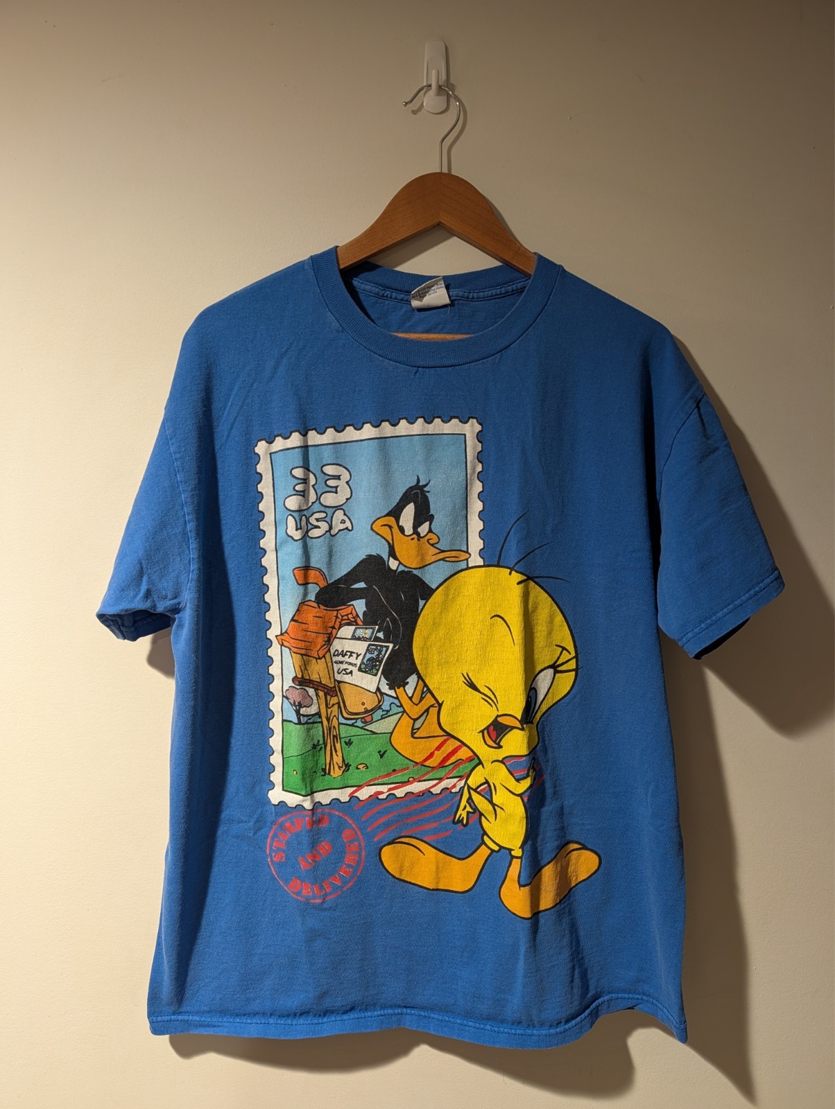 Vintage 1998 Looney Tunes Stamp T Shirt Tweety Daffy Duck Blue Mens L