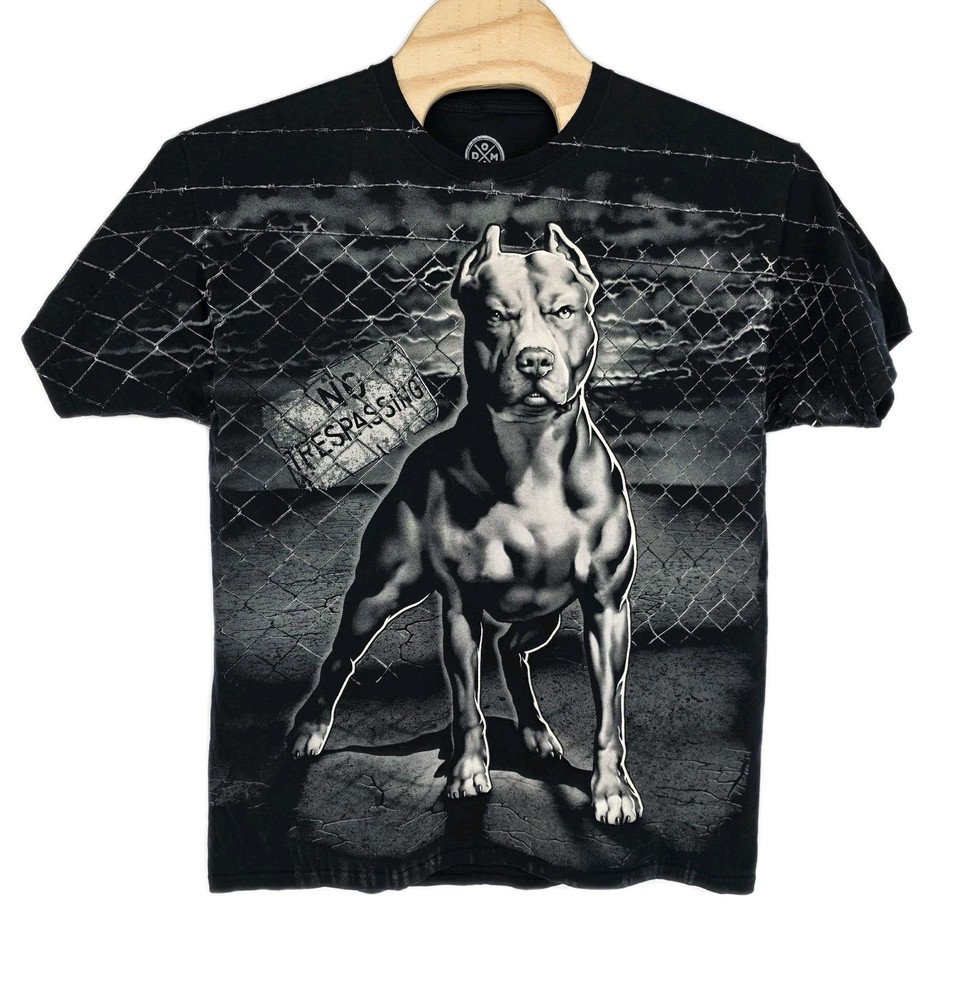 DOM Pit Bull No Trespassing Full Torso Graphic Tee Black T-shirt Dog Warning