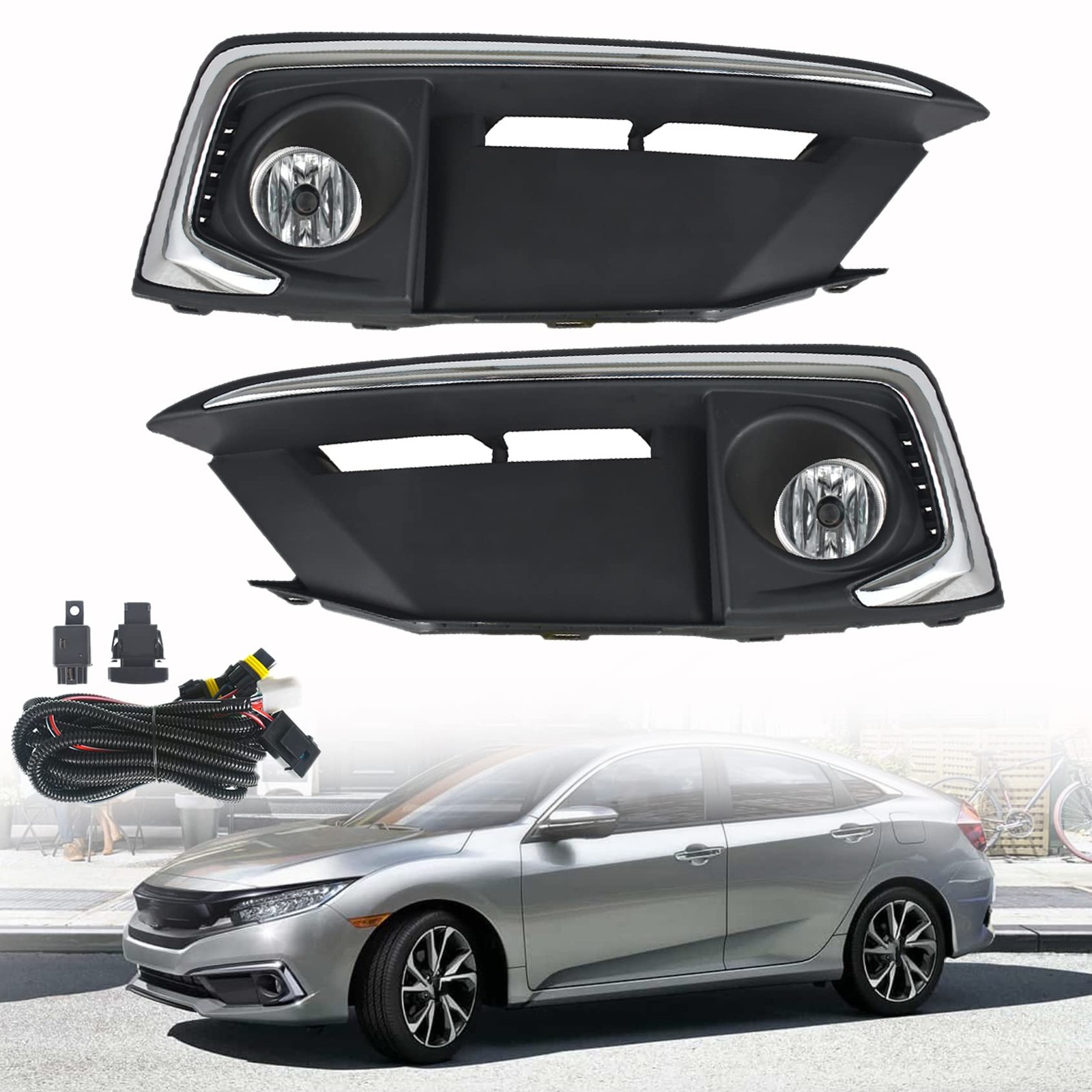 Fog Light Assembly with H8 Bulbs Covers Harness Switch Kit for Civic 2019-2020