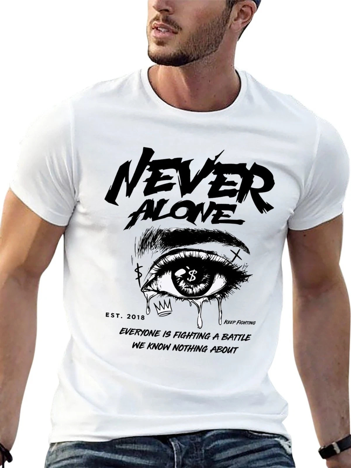 Never Alone Letter & Eye Graphic T-Shirt, Men's Streetwear Motivational Tee gallery