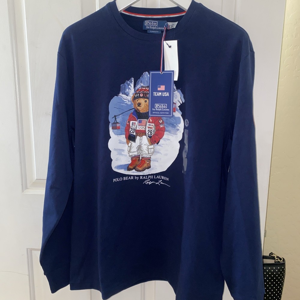 NWT POLO RALPH LAUREN WINTER OLYMPICS POLO BEAR LONG SLEEVE TEE IN BLUE Size XL