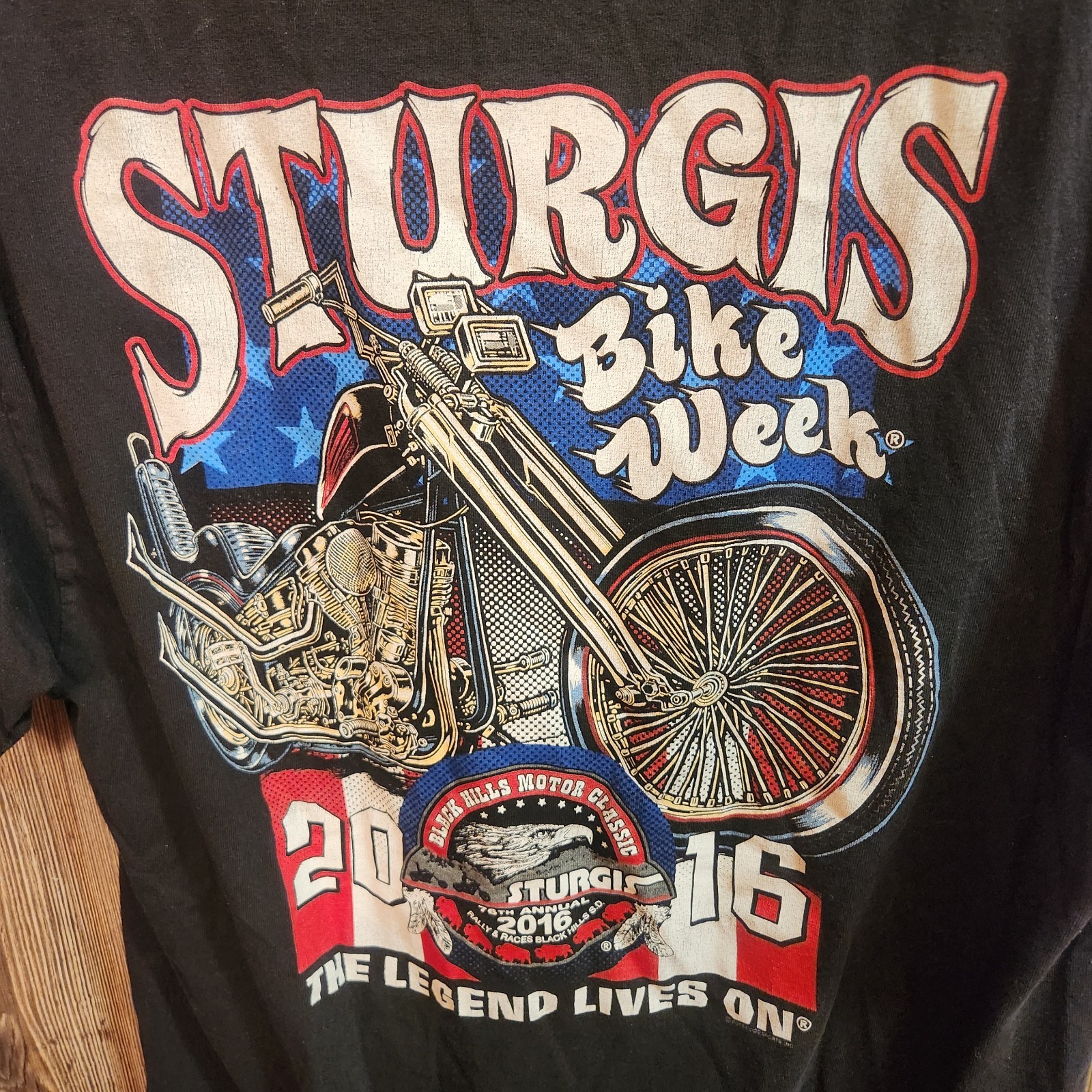 Sturgis 2016 Motorcycle Rally T-shirt American Flag USA Biker Hot Leathers Sz L gallery
