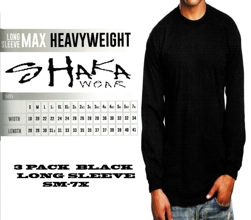 3 Pack Shaka Wear Mens Max Heavyweight Long Sleeve T-shirt Black Basic Plain