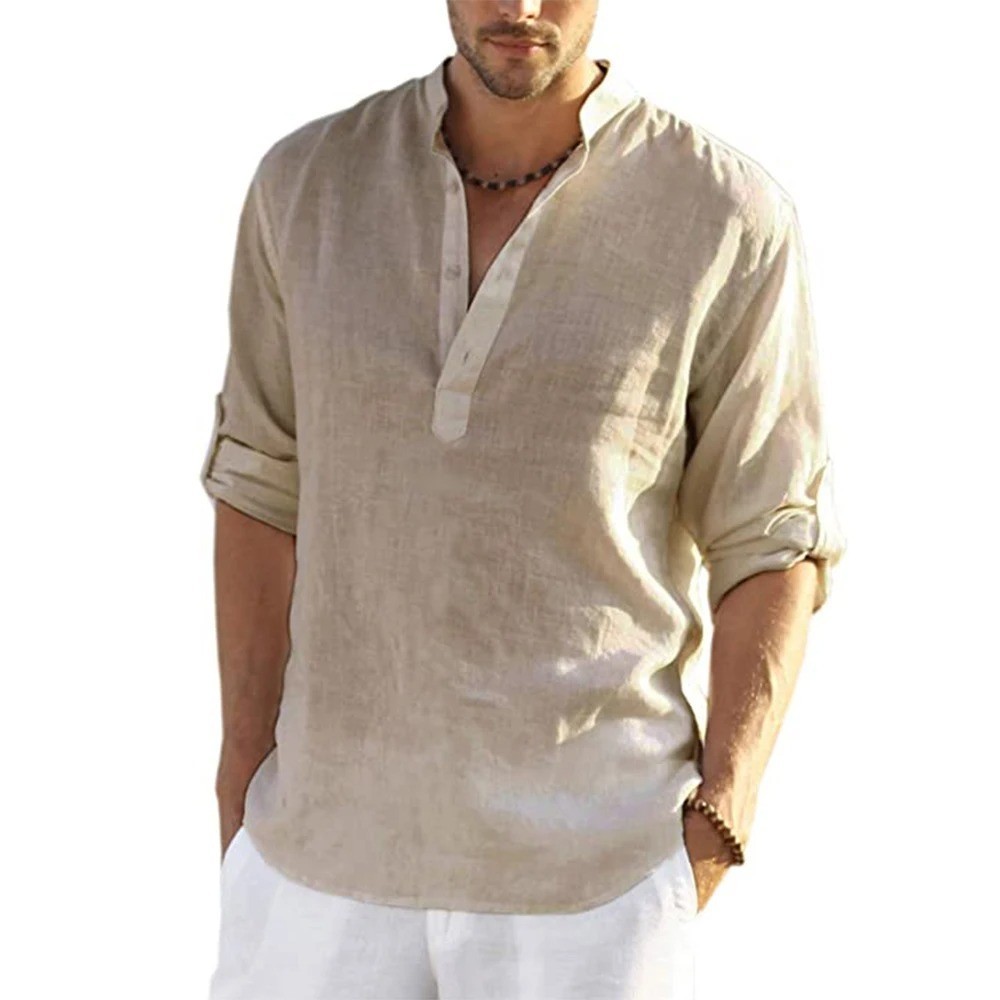 New Men's Casual Blouse Cotton Linen Shirt Loose Tops Long Sleeve Tee Shirt Spri gallery