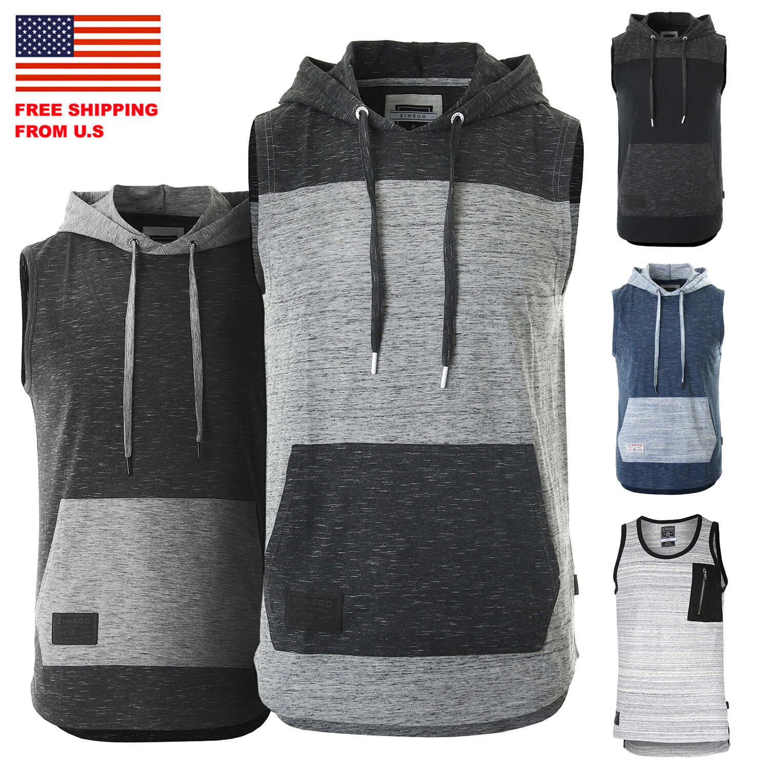 ZIMEGO Men’s Color Block Sleeveless Pullover Kangaroo Pocket Workout Hooded Tank