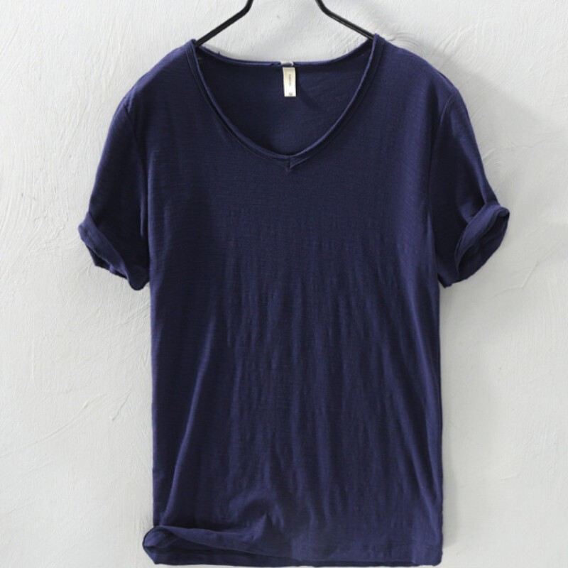 Men Pure Color Cotton Short Sleeve T-shirts V-neck Sports Casual Tops Summer gallery