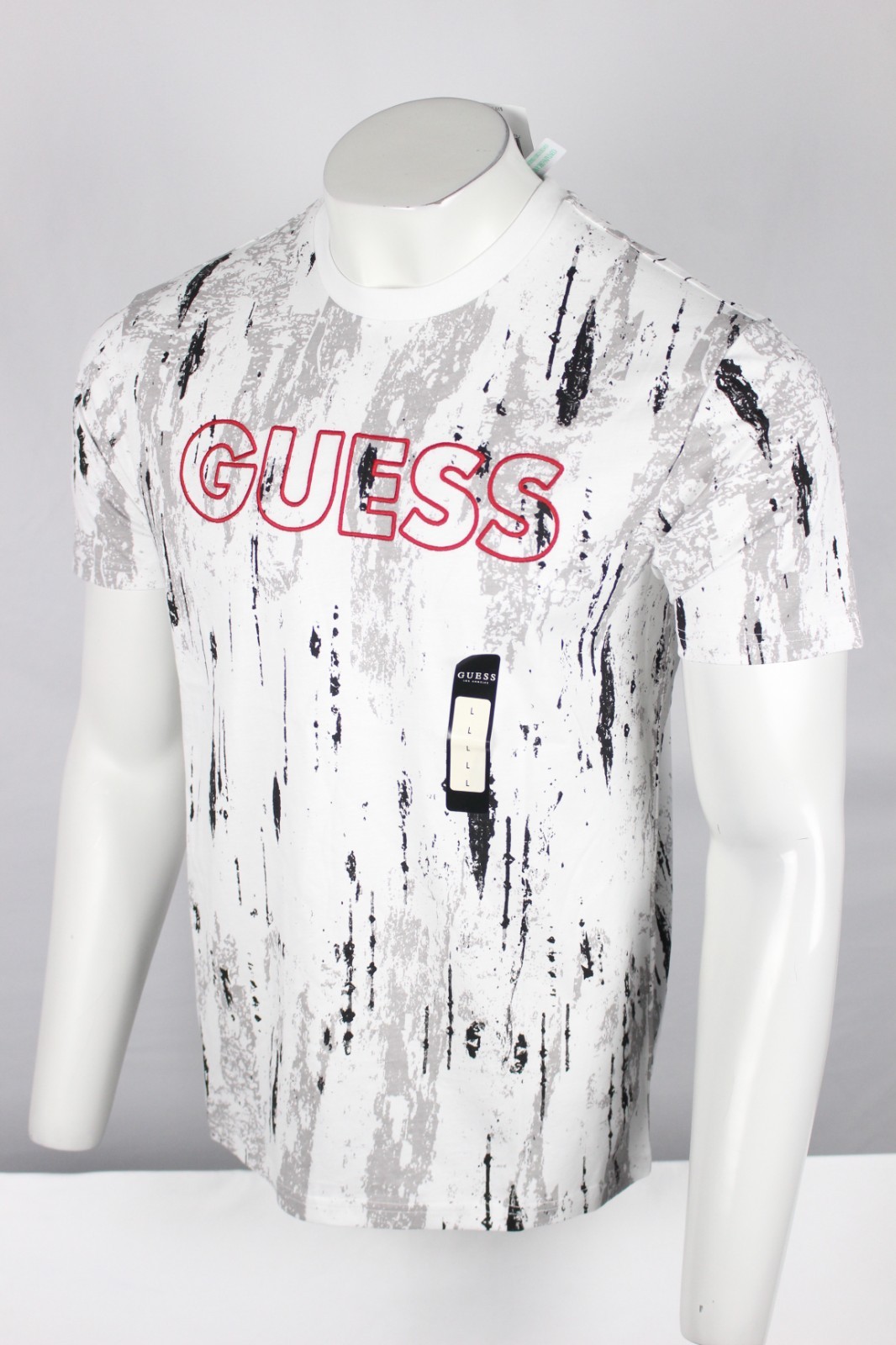 Guess Men's Elwood Logo Crew T Shirt Embroidered Pure White Black Printed gallery