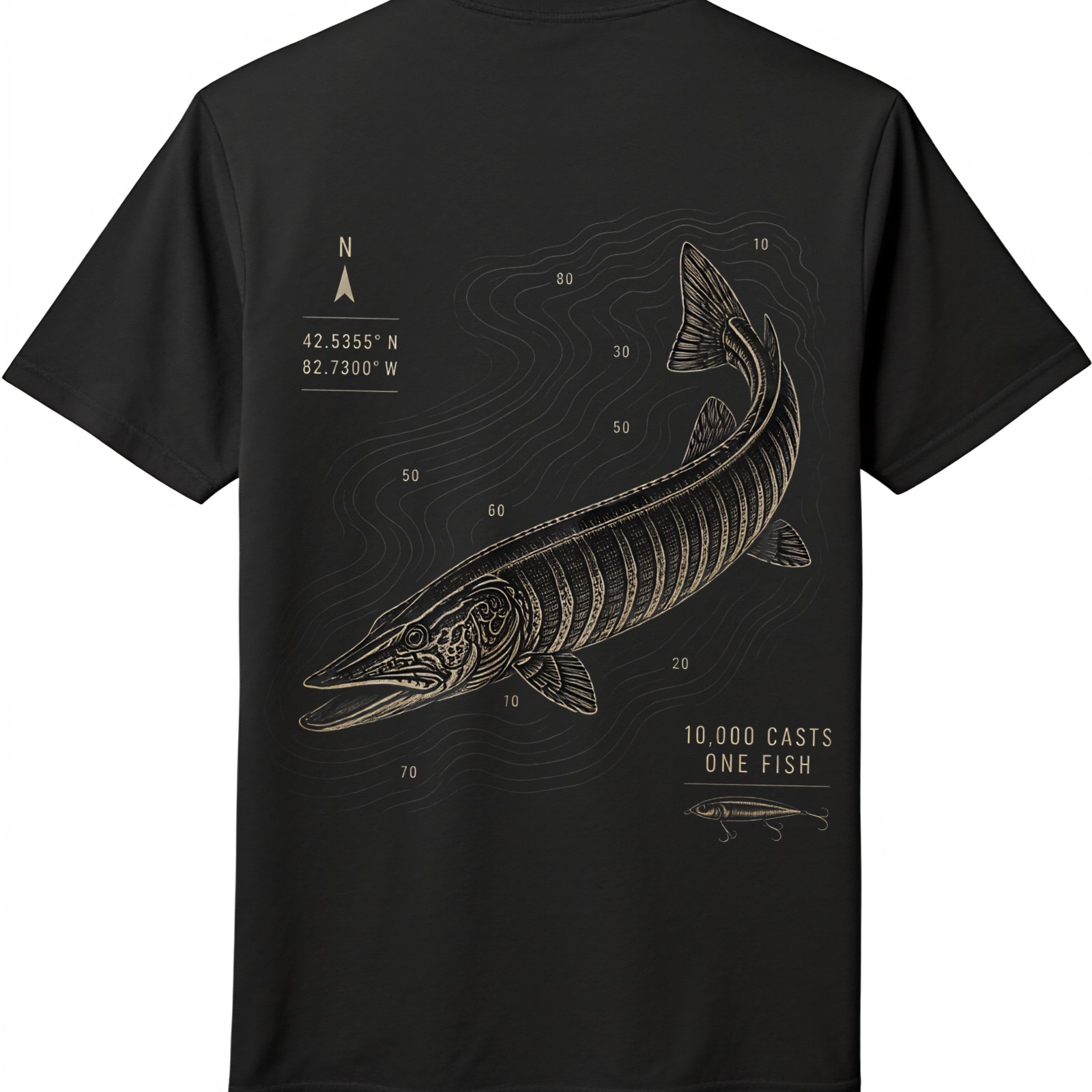 Vintage Map 2-Sided Unisex Fishing T-Shirt 10,000 Casts One Fish Graphic Tee gallery