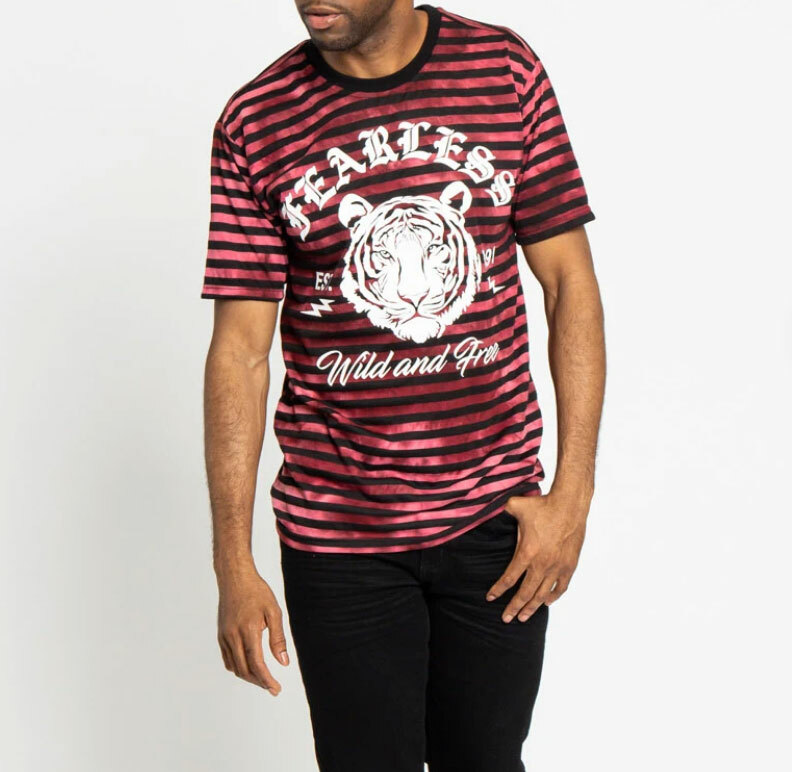 VICTORIOUS BRAND STRIPED T-SHIRT FEARLESS TIGER BURGUNDY/BLACK SIZES MED TO 2XL gallery