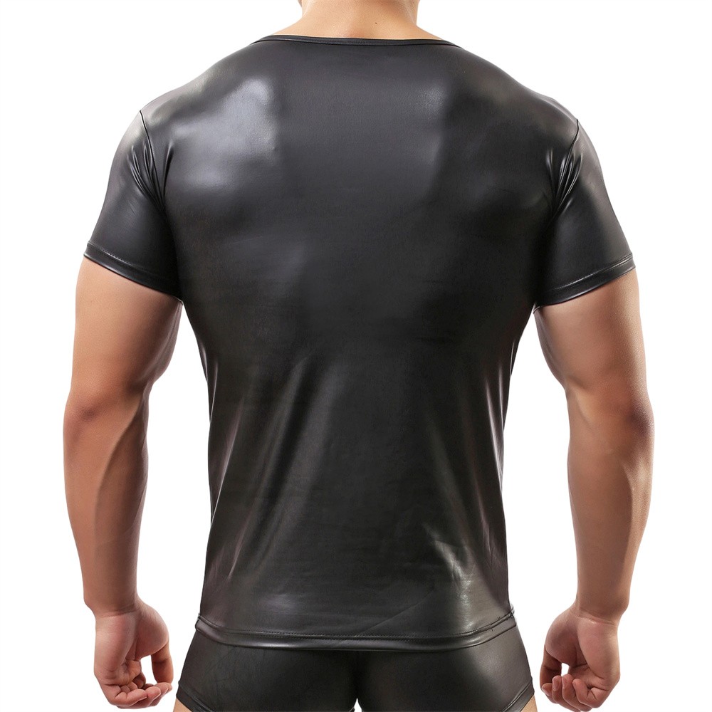 Glossy Pvc Leather Mens Short Sleeve Tops Fitness Club T-shirt New Tops Clothing gallery