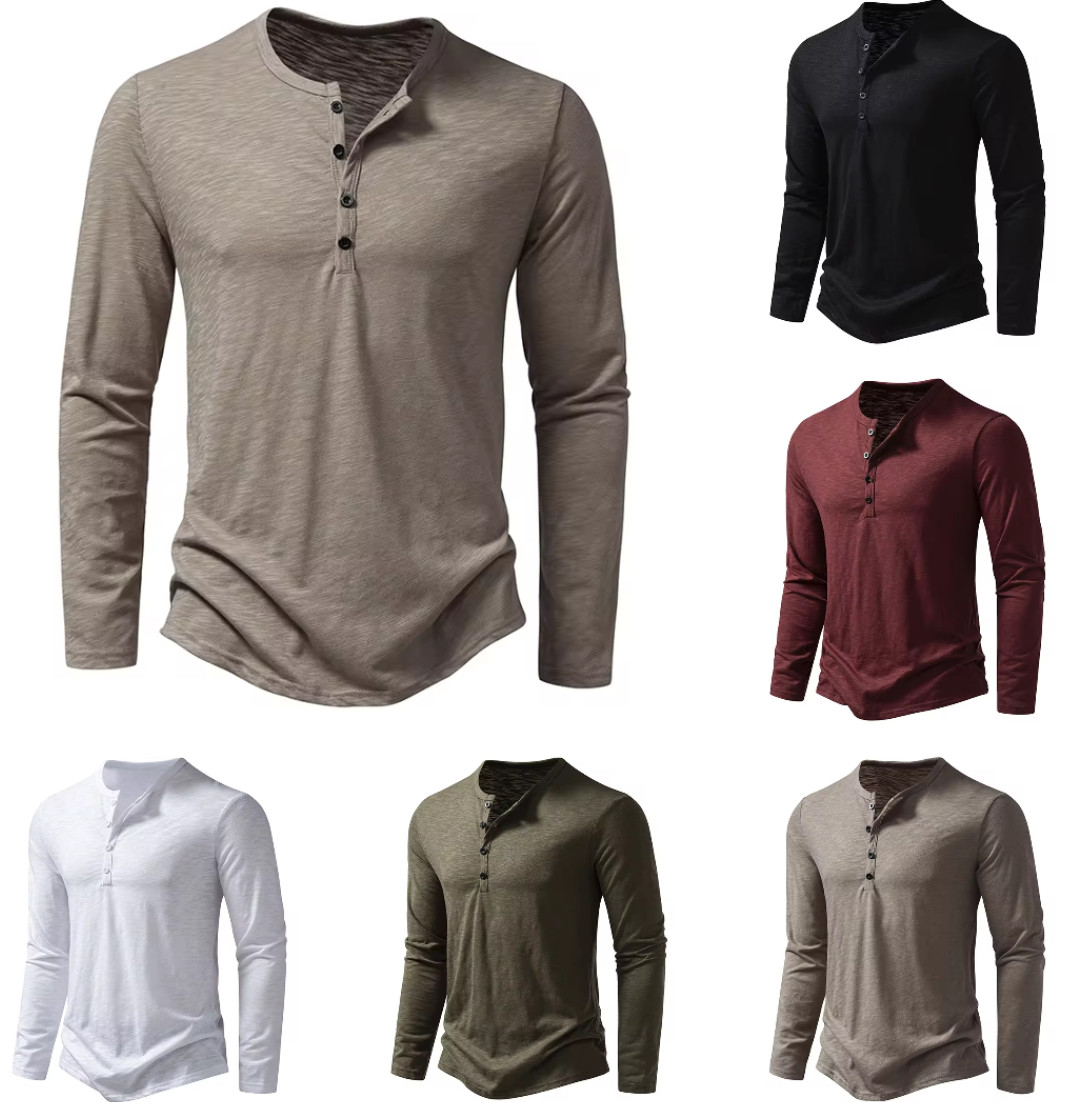Men's Shirt Cotton Henley Neck T-Shirts Long Sleeve Casual Button Plain 25% OFF gallery