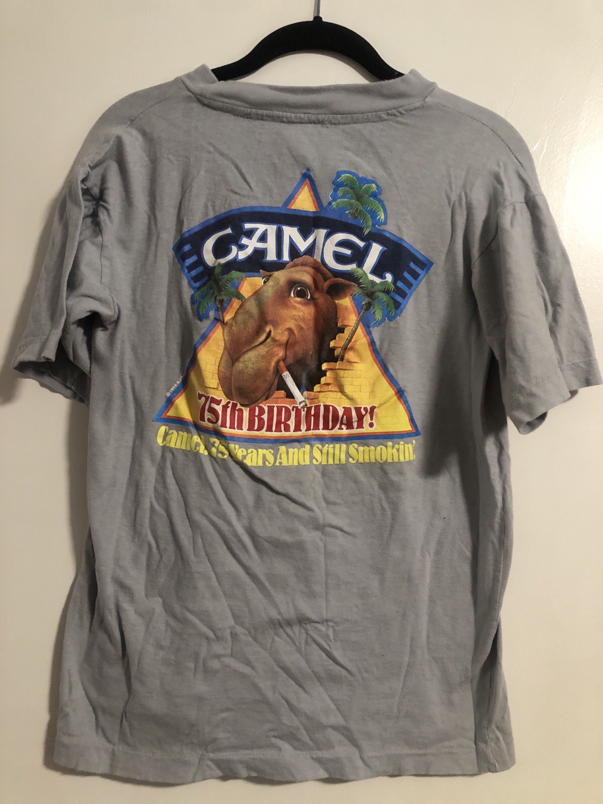 VINTAGE CAMEL CIGARETTE PRO GRAY 75TH BIRTHDAY T-SHIRT 1988 RARE DREW PEARSON
