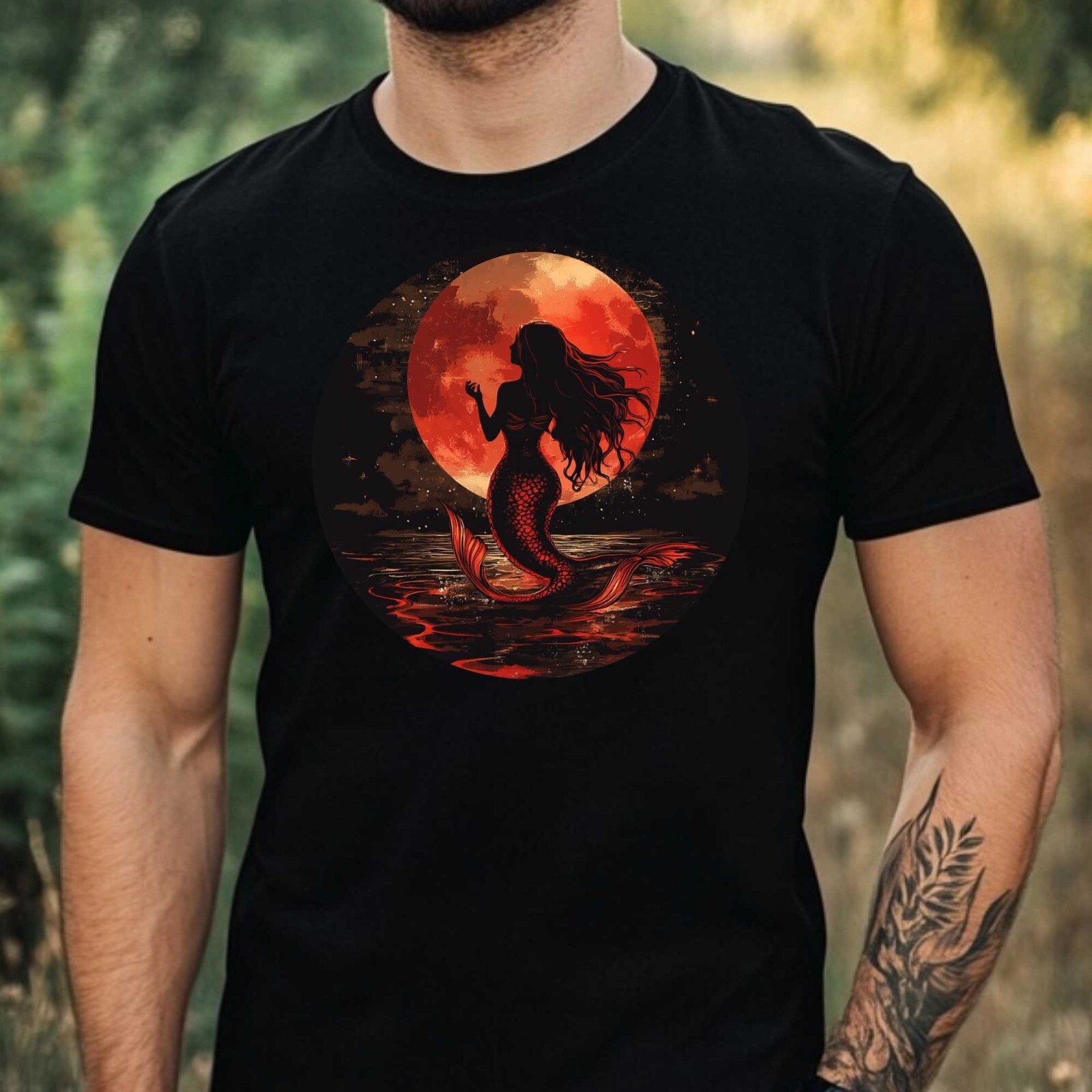 Mens Mermaid Red Moon Motif Cotton T-Shirt Size XS to 5XL gallery
