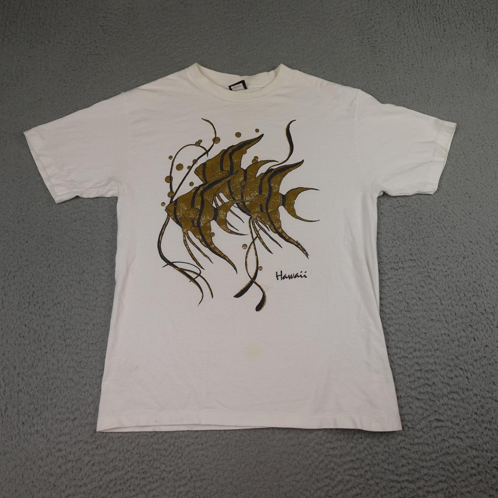 Vintage Hawaii Shirt Mens Large White Angelfish Glitter Diamond Dust 90s USA