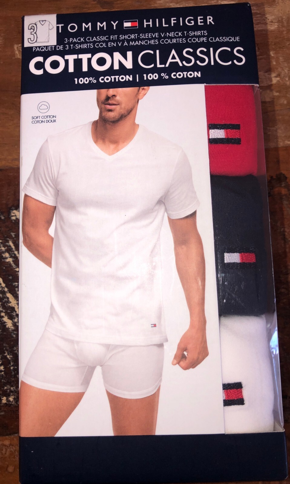 Tommy Hilfiger Men's 3 Pack T Shirts M Cotton Classics V-Neck Red White Blue gallery