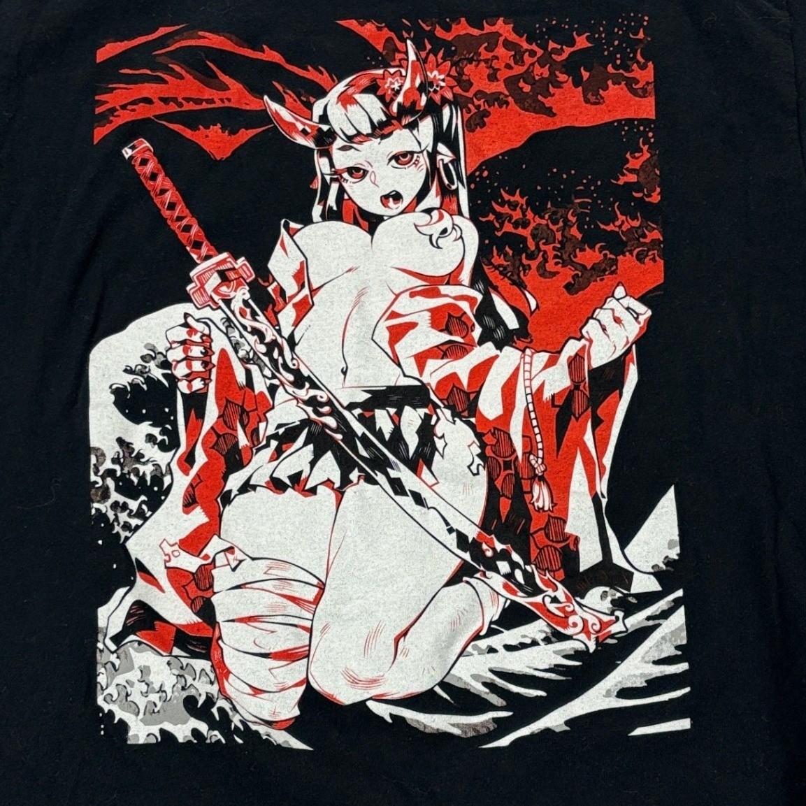 Bad Habits Anime Oni Samurai Graphic T Shirt Black Red Streetwear Size M gallery