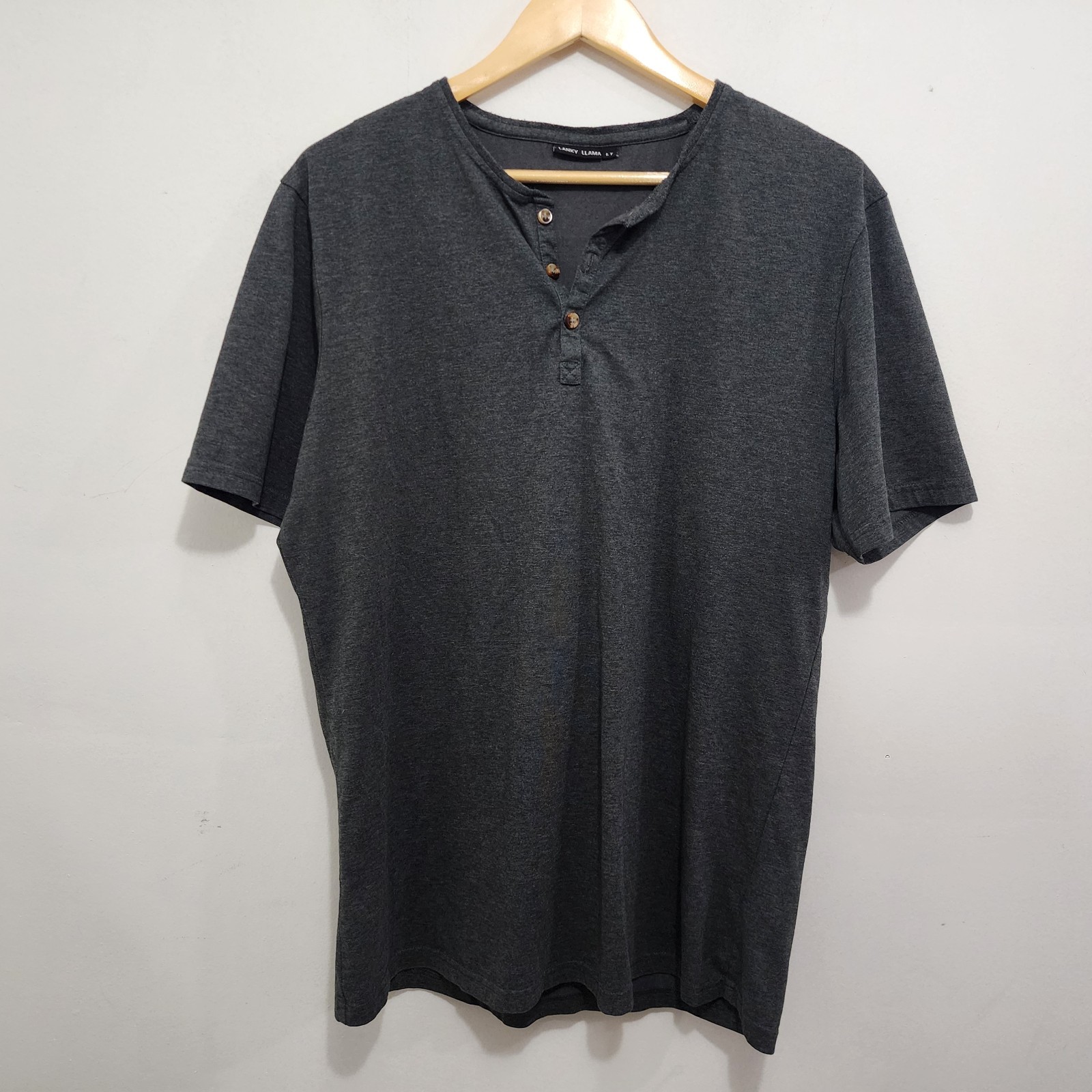 Lanky Llama Craftsman Henley Men's T-Shirt L Tall Slim Fit Knit Gray Polycotton gallery