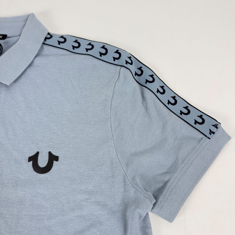 True Religion Polo Shirt Mens Small Sky Blue Logo Damask Cotton Blend Short Slve gallery