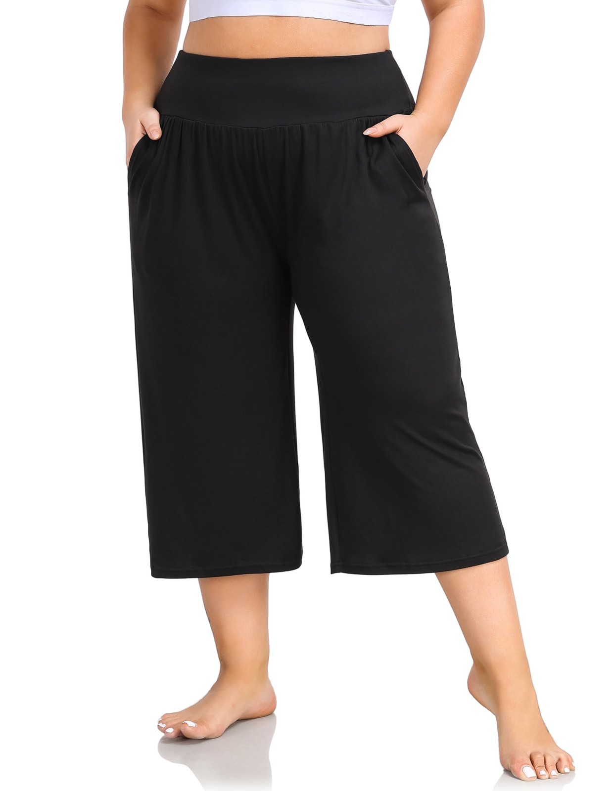 Women's Plus Size Wide Leg Capris High Waist Yoga Pants Casual Loose Lounge P... gallery