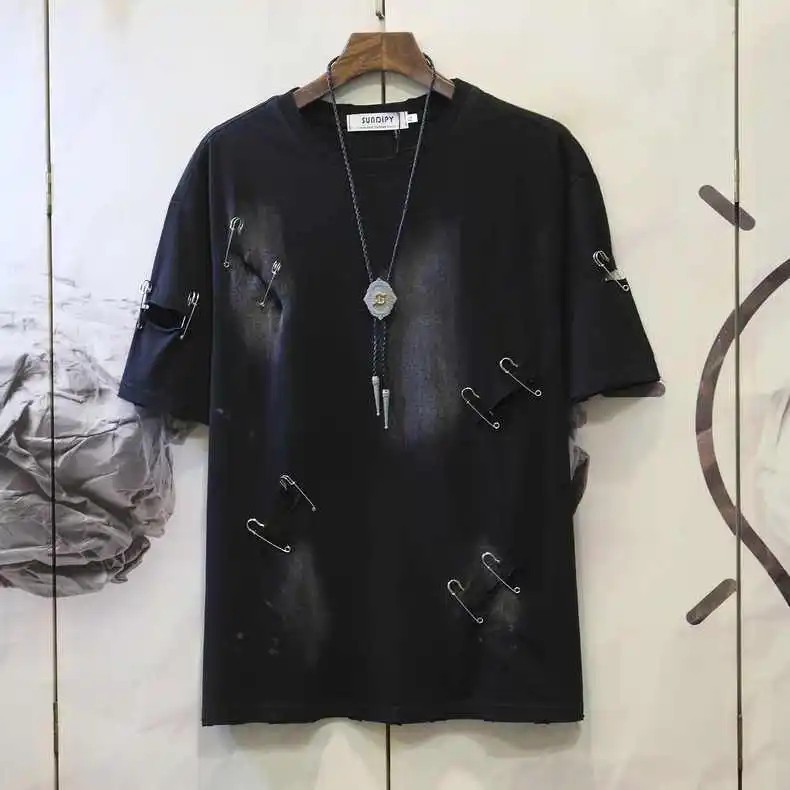 Men's Punk Rock Distressed T-Shirt Safety Pin Hollow Out High Street Hip Hop Top gallery