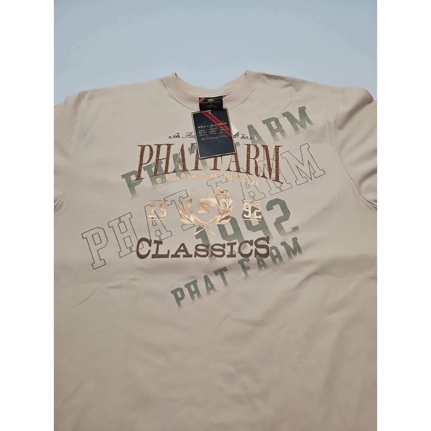 Phat Farm Mens Vintage Beige Graphic Design Retro Shirt 90s Y2K Hip Hop Sz 4xl gallery