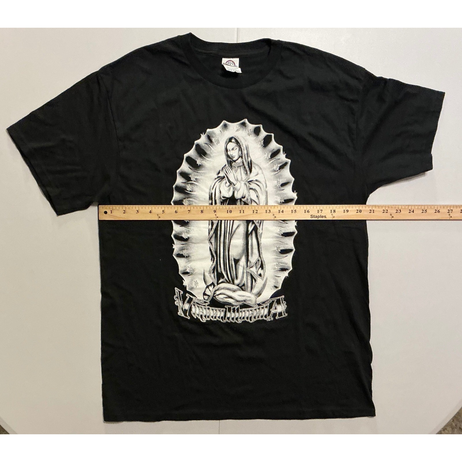 VTG Y2K Virgin Maria Mary Our Lady of Guadalupe Dazzle Shiny T-Shirt Black L gallery