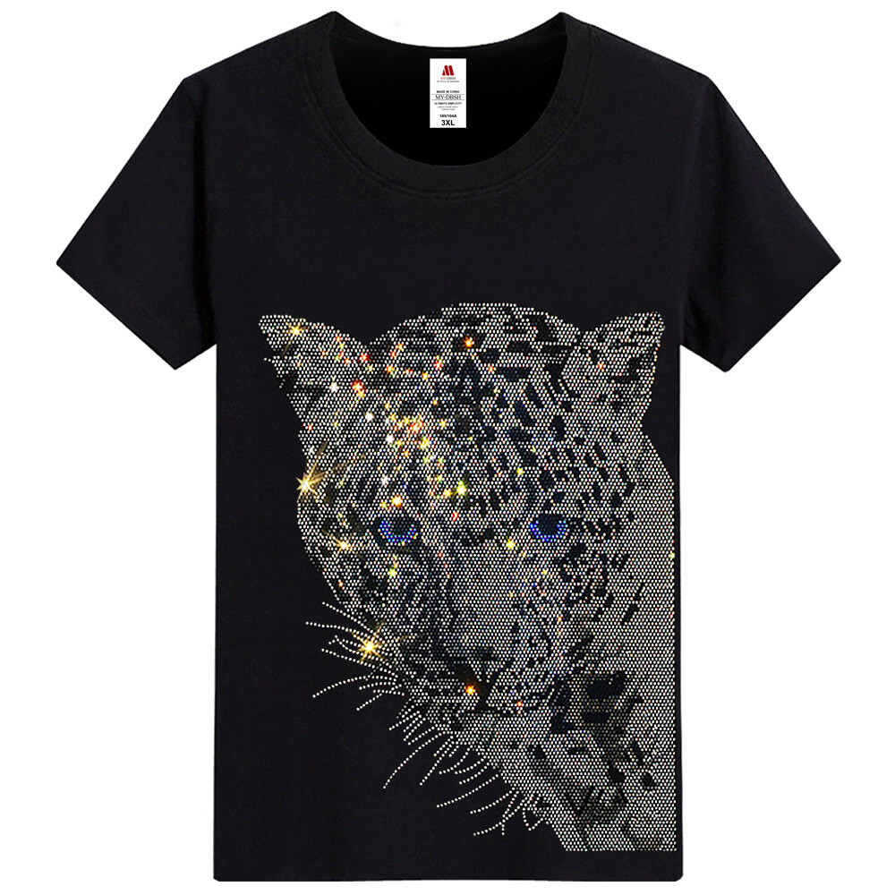 Men Fashion Diamonds T-Shirt Leopard Print Rhinestones Hot Drill Short Sleeve gallery