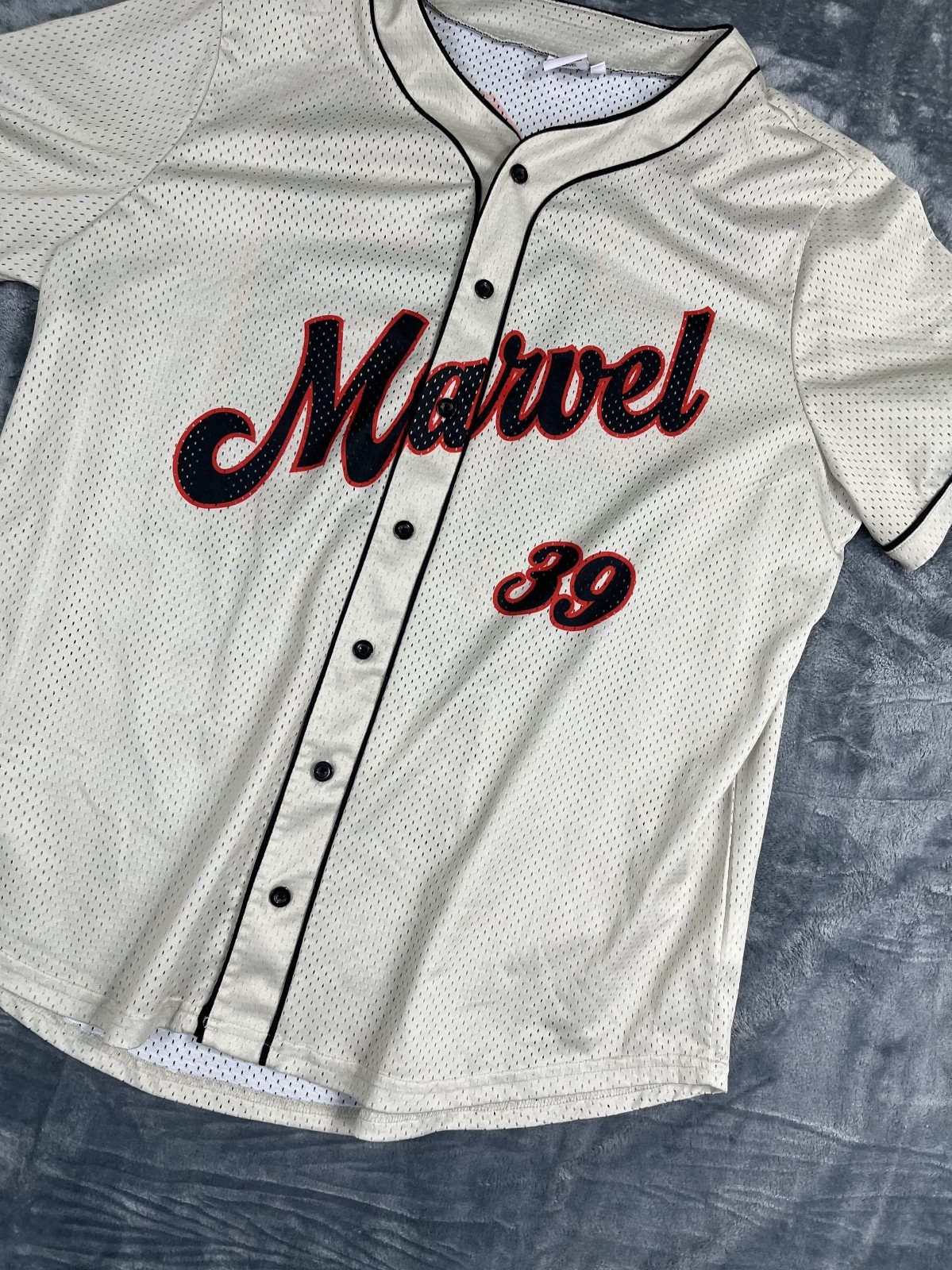 Marvel 3X Baseball Jersey Button-Up Avengers Graphic Back Beige & Red gallery