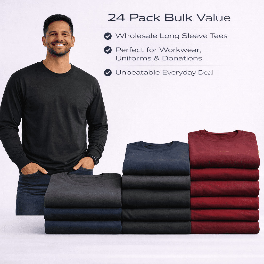 24 Pack Men's Long Sleeve T-Shirts 2XL Dark Colors Cotton Blend Bulk Tees gallery