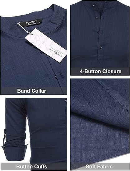 COOFANDY Men's Cotton Linen Henley T-Shirt Long Sleeve Hippie Casual Beach Blue gallery