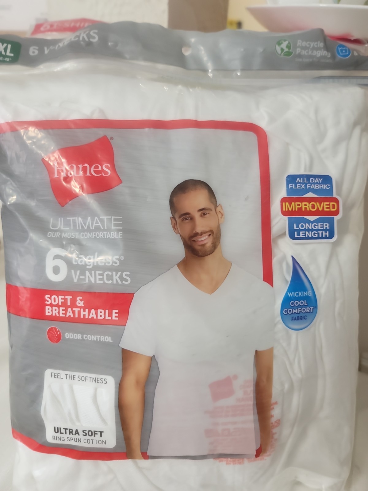Hanes ULTIMATE XL 6 PACK WHITE Men's Short Sleeve V Neck T-Shirts 46-48" gallery