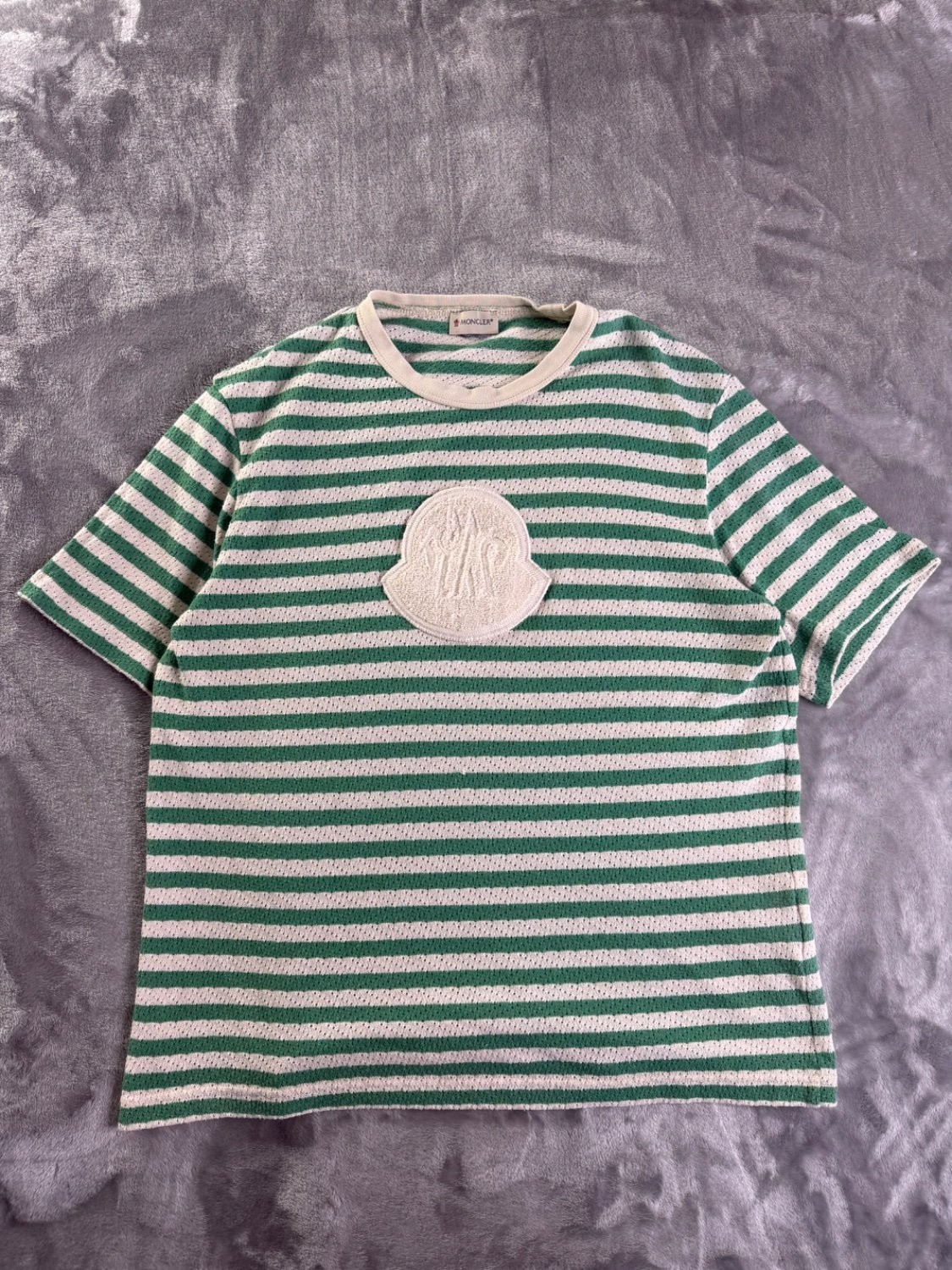 Moncler Striped Pointelle Knit T-Shirt Green White Terry Logo Patch Men's Size M gallery