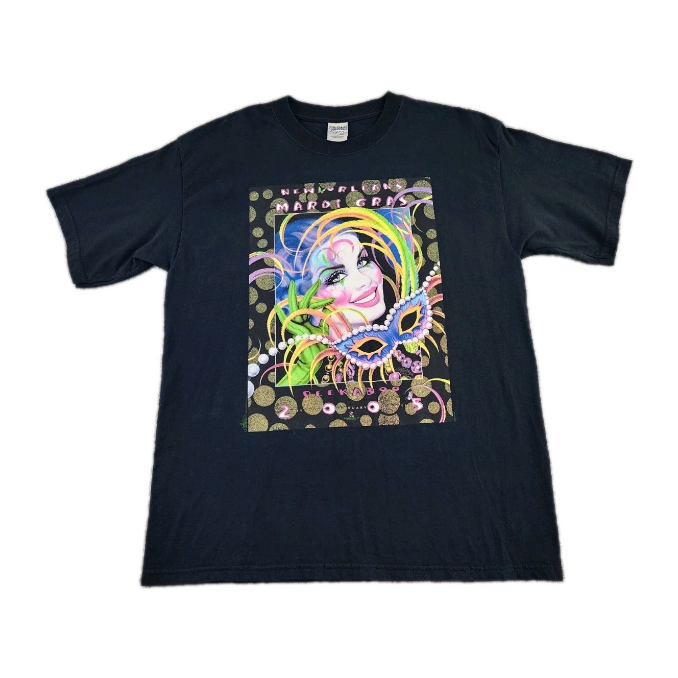 VINTAGE Mardi Gras Shirt Mens Large Peekaboo 2005 Andrea Mistretta Tee Adult A34 gallery