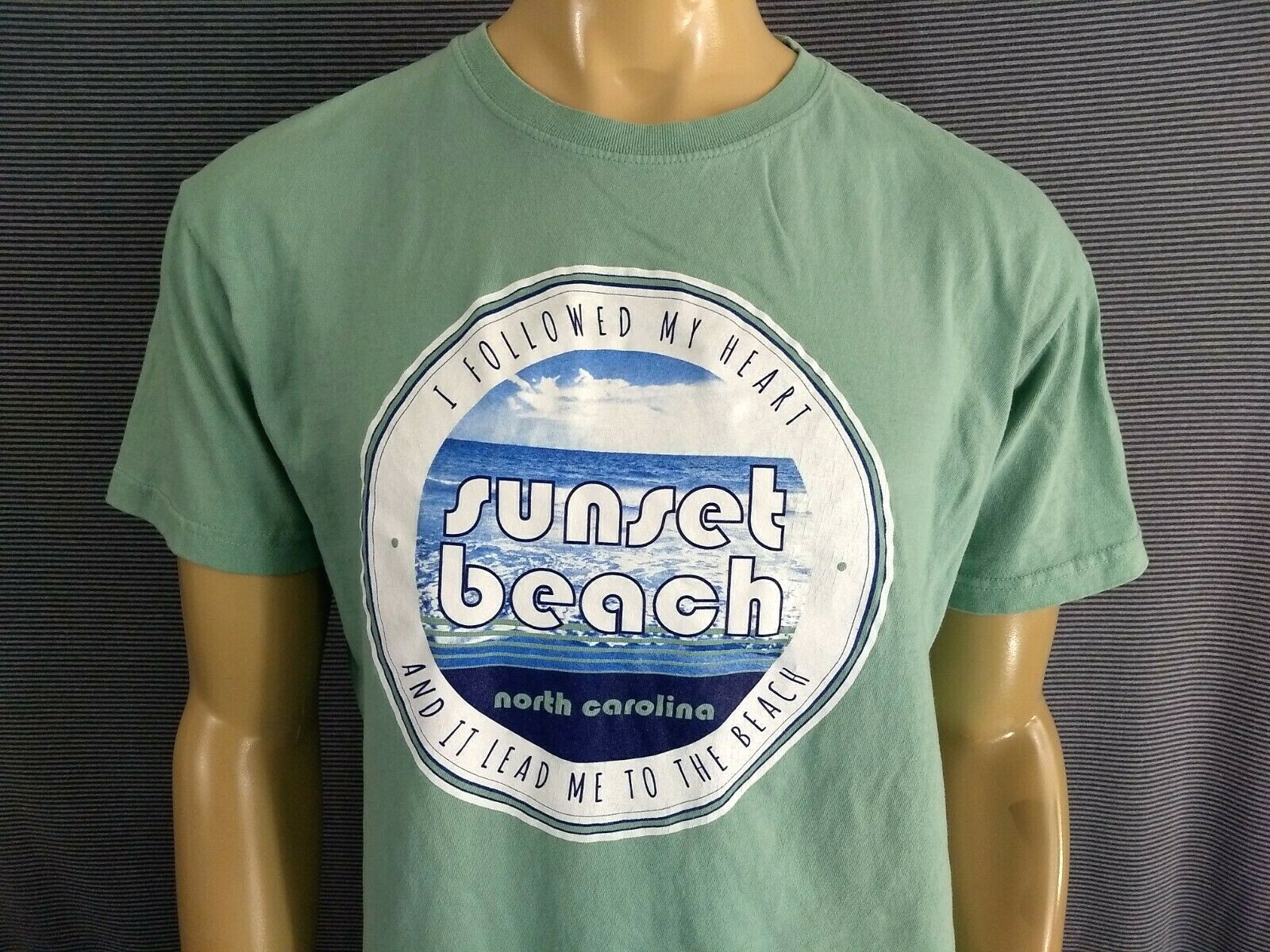 SUNSET BEACH North Carolina T Shirt Light Green Adult L 100% Cotton DMR Sport SS gallery