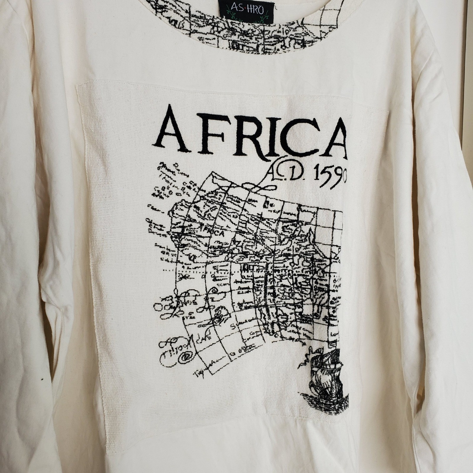 Ashro Africa AD 1590 Map Graphic Long Sleeve Cotton Top Cream Mens Medium gallery