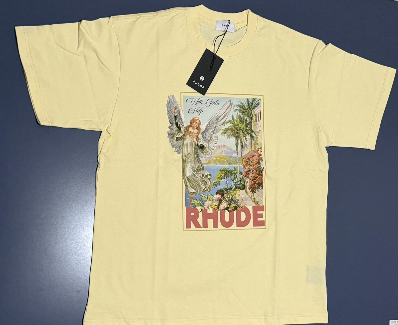 RHUDE Angel Graphic Print T-Shirt Yellow Men's Regular Fit Size L gallery