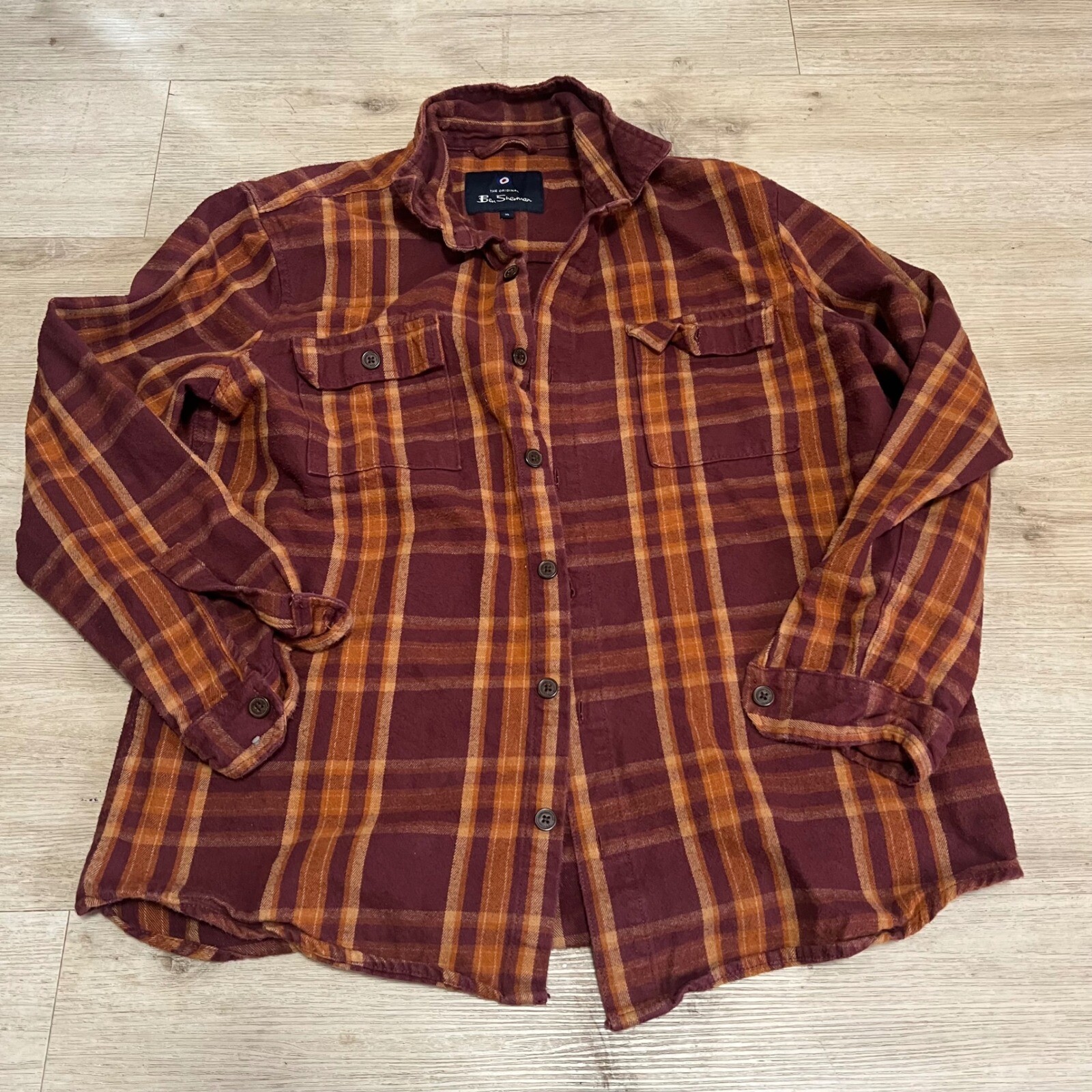 Ben Sherman Mens XL Plaid Red Orange Long Sleeve Flannel Shirt Punk Blitz GBH