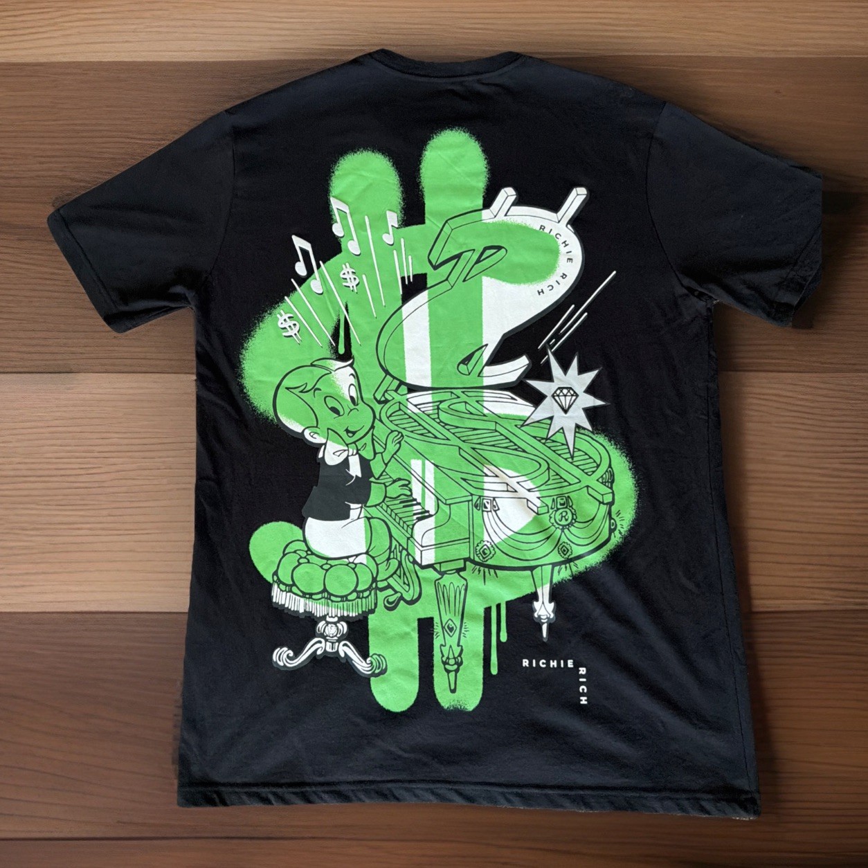 Richie Rich Graphic T Shirt Black Neon Green Piano Print Size L Tee NWT gallery