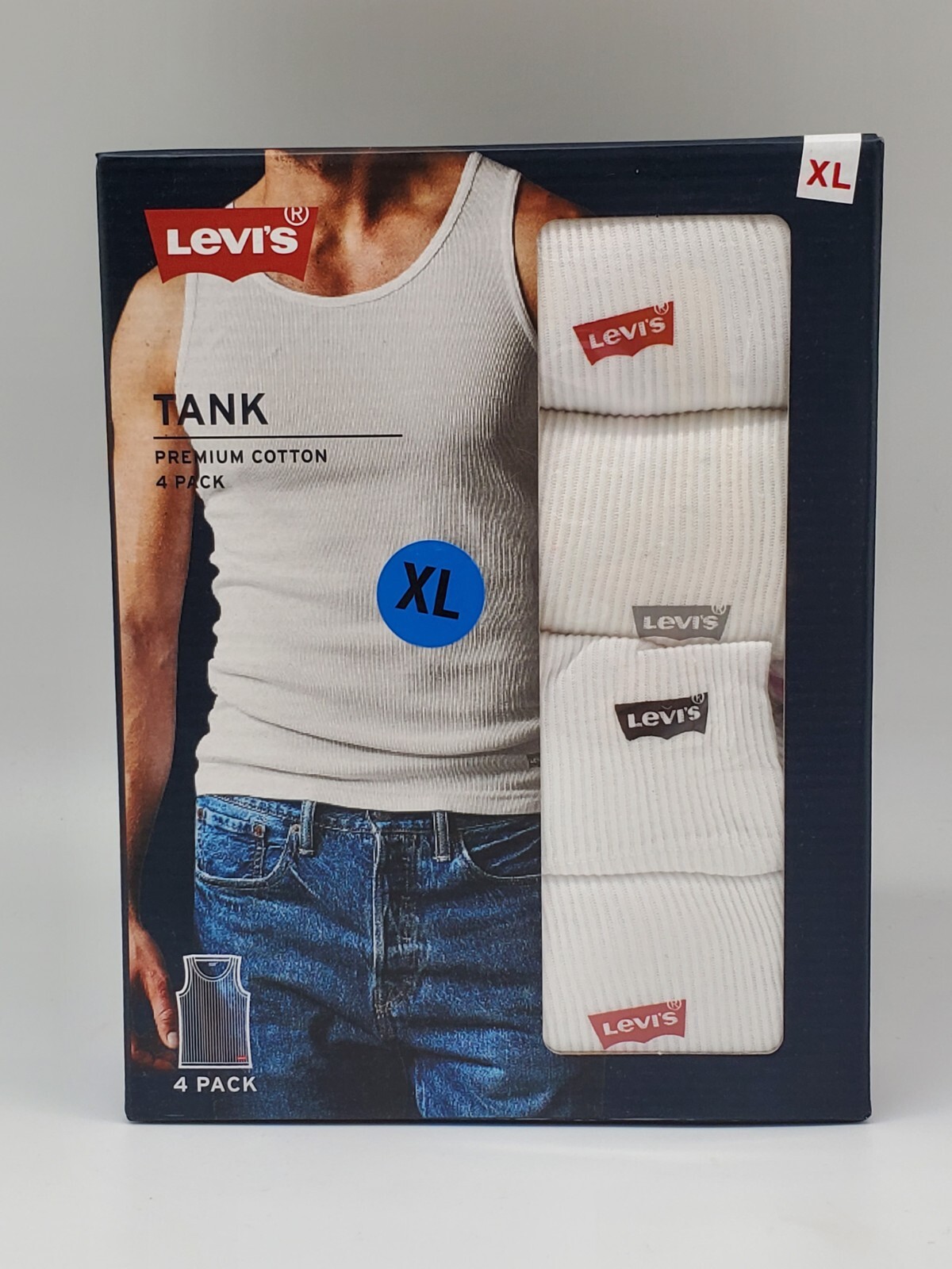 LEVIS Men’s S M L XL Premium Cotton 4 Pack White with Logo Ribbed Tank A Shirt