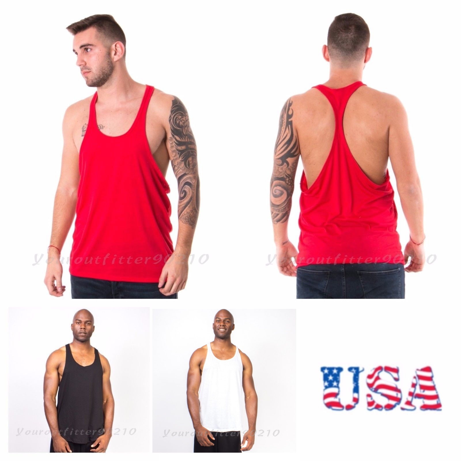 Men Bodybuilding Tank Top Muscle T-Shirt Racerback Gym Fitness Made in USA Black