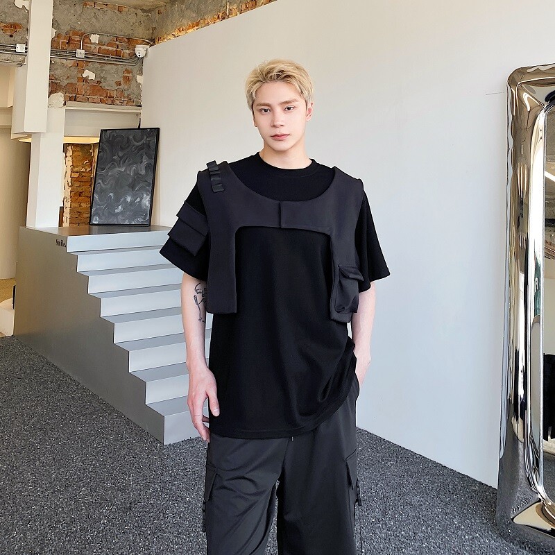 Mens New Side slit Splicing Loose short sleeve Leisure Punk Black T-shirt