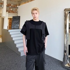 Mens New Side slit Splicing Loose short sleeve Leisure Punk Black T-shirt