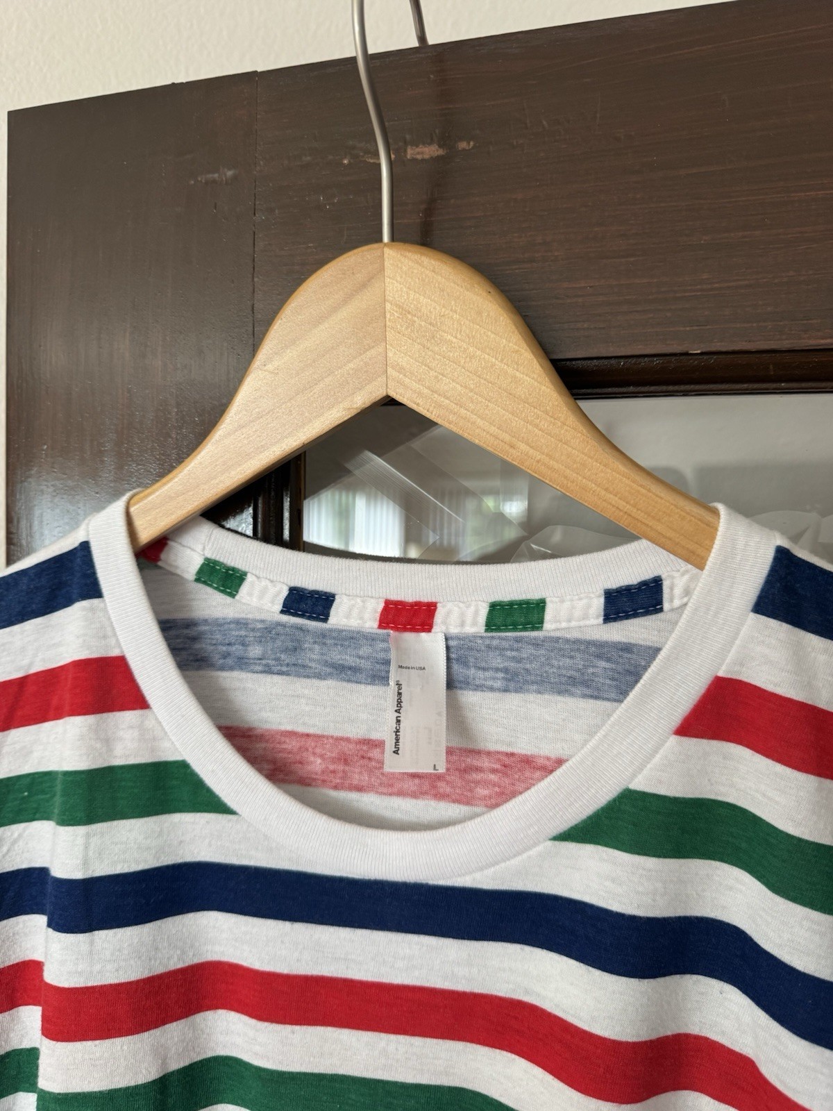 American Apparel Multi Striped Ringer Tee 50 50 Large Made In USA Red Green Blue gallery